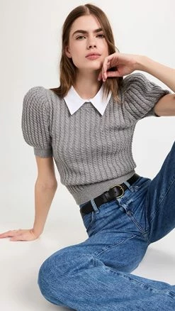 Coupon 🛒 Alice + Olivia Chase Cable Puff Sleeve Sweater Medium Heather Grey/White 😀