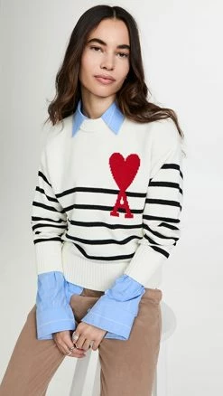 Wholesale 👍 AMI Adc Striped Sweater White/Black/Red ⌛
