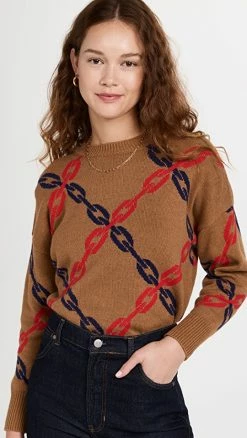 New ✨ Clare V. Drop-Shoulder Sweater Camel Cotton Cashmere W/ Navy ✔️