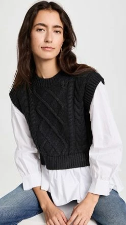 Best Sale ⭐ English Factory Mixed Media Cable Detail Sweater Black/White ⭐