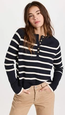 Coupon 🤩 Faherty Cozy Cotton Henley Sweater Navy Natural Stripe 🔥