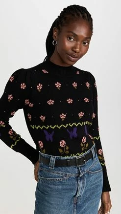 Budget 🎁 525 Cotton Floral Puff Sleeve Pullover Black Multi 🥰