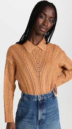 Coupon 🔥 525 Airspun Cable Polo Pullover Caramel ✔️