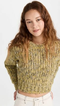 Best Pirce 😀 FRAME Cropped Marl Crew Neck Sweater Flash Lime Multi 🥰