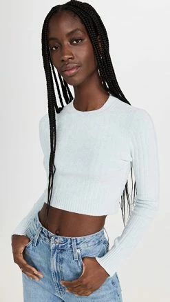 Coupon 🌟 JoosTricot Crop Solid Chenille Sweater Light Blue ❤️