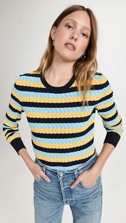 Best Pirce 😀 Jason Wu Striped Viscose Crew Neck Sweater Navy/Yellow/Harbor Blue ✔️