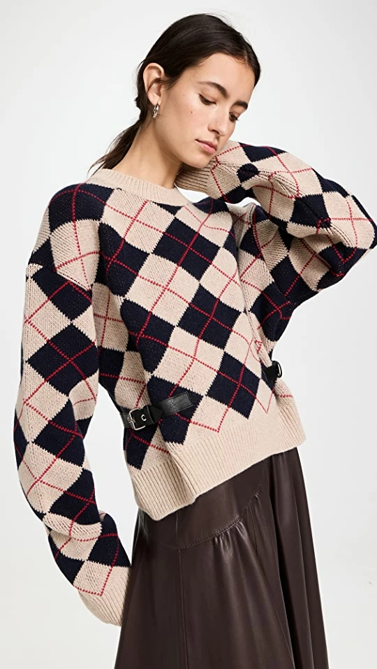 Budget π ROKH Argyle Check With Belt Straps Sweater Beige/Navy/Red π 3 Budget π ROKH Argyle Check With Belt Straps Sweater Beige/Navy/Red π