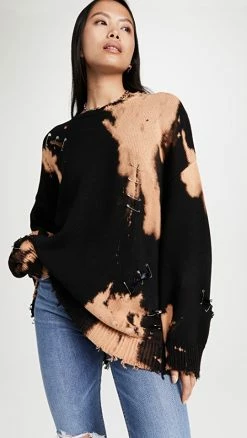 Buy 🔥 R13 Bleached Distressed Crewneck Sweater Bleach Black 🧨