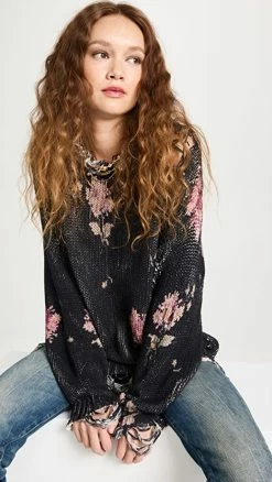 Top 10 😉 R13 Floral Distressed Oversized Sweater Floral On Black ❤️