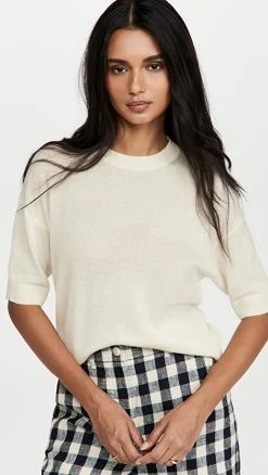Outlet 🥰 Theory Cashmere Short Sleeve Easy Pull Over Ivory 🤩