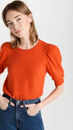 Coupon 💯 White + Warren Cashmere Puff Sleeve Tee Bright Poppy ⭐